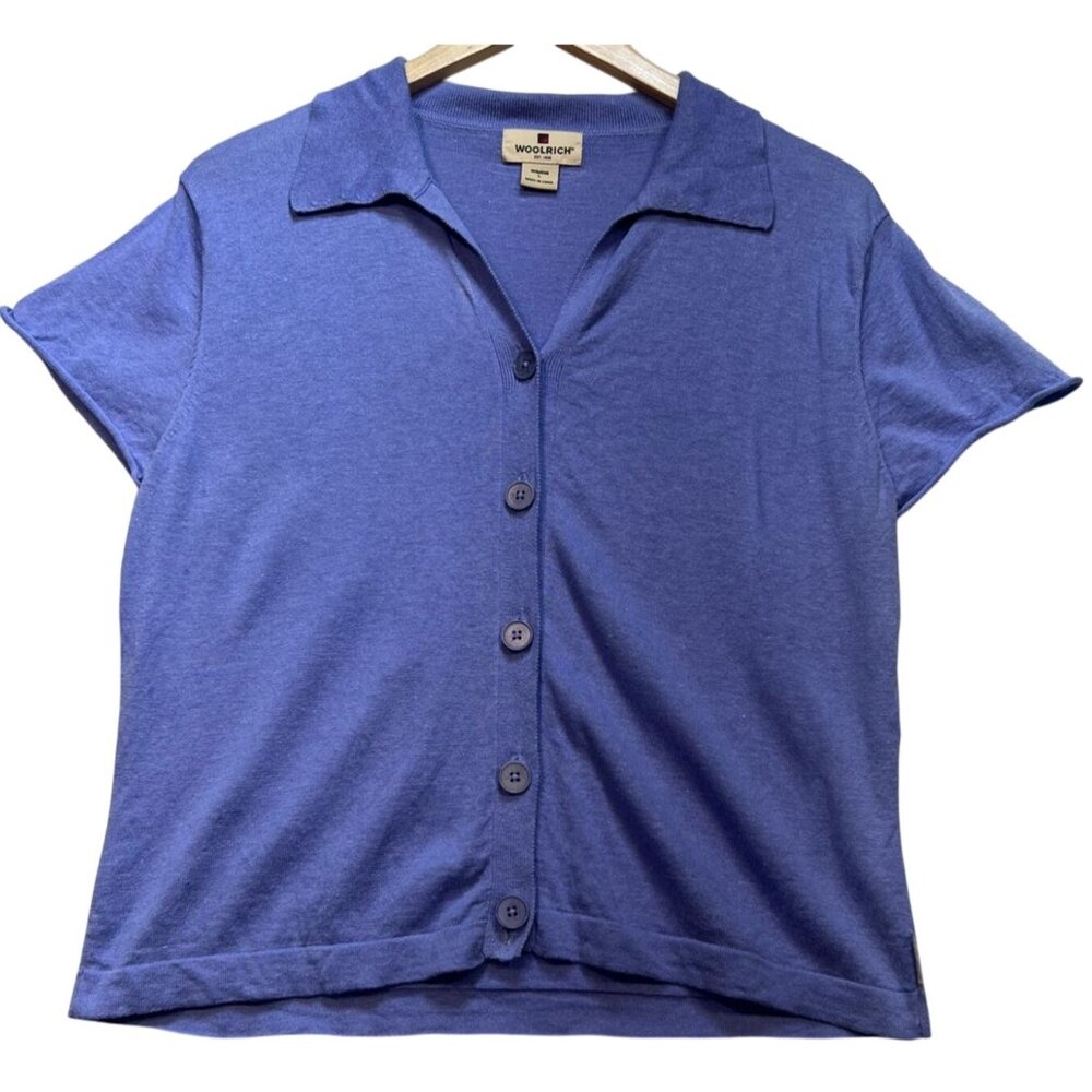 Woolrich Women's Button Up T-Shirt Short Sleeve Stretch Size Large Blue Casual